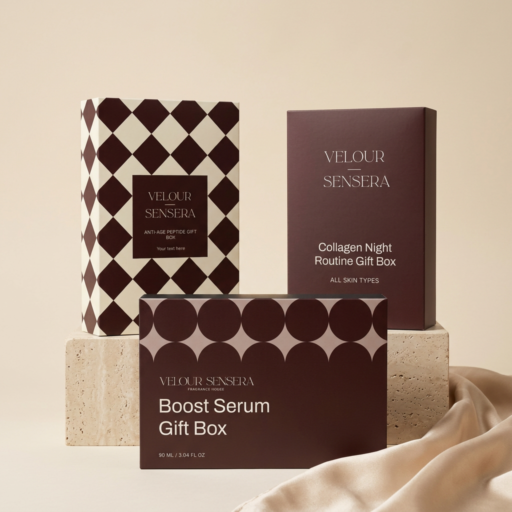 Drie Velour Sensera giftsets in een luxe setting